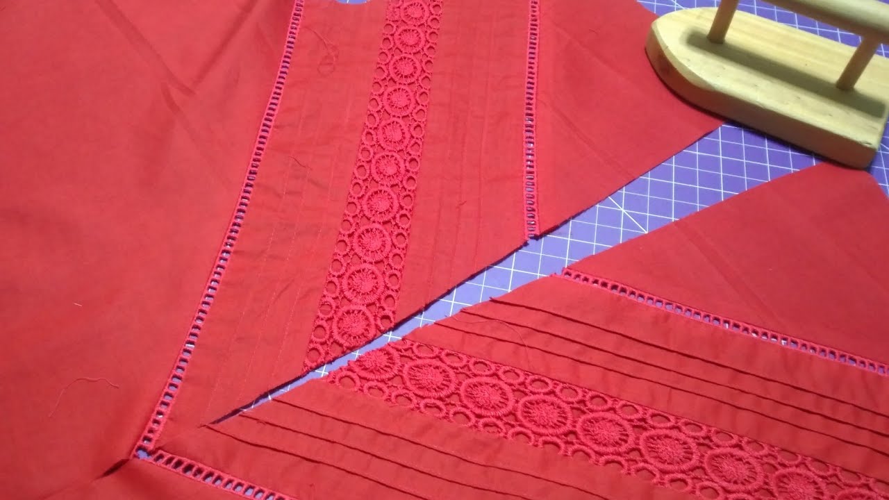 💥Kurti main v-shape main laces sy designing krna 💥solid kurti lace designing tips