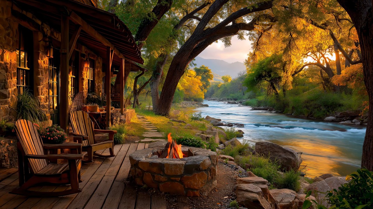 Cozy Rustic Porch Campfire Ambience by the River 🔥 Peaceful Nature Sounds | Quiet Ambience 4k