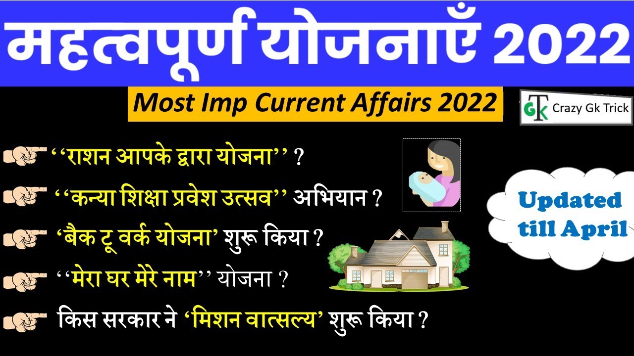 Current Affairs 2022 | महत्वपूर्ण योजनाएँ 2022 | Latest Government Schemes | भारत की प्रमुख योजनाएं