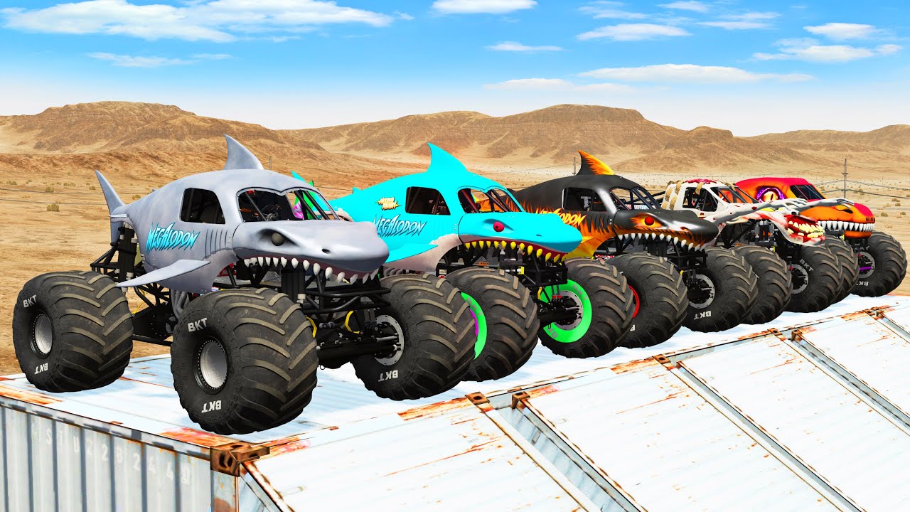 Big Monster Trucks Transport Triple Flatbed with Color Slide