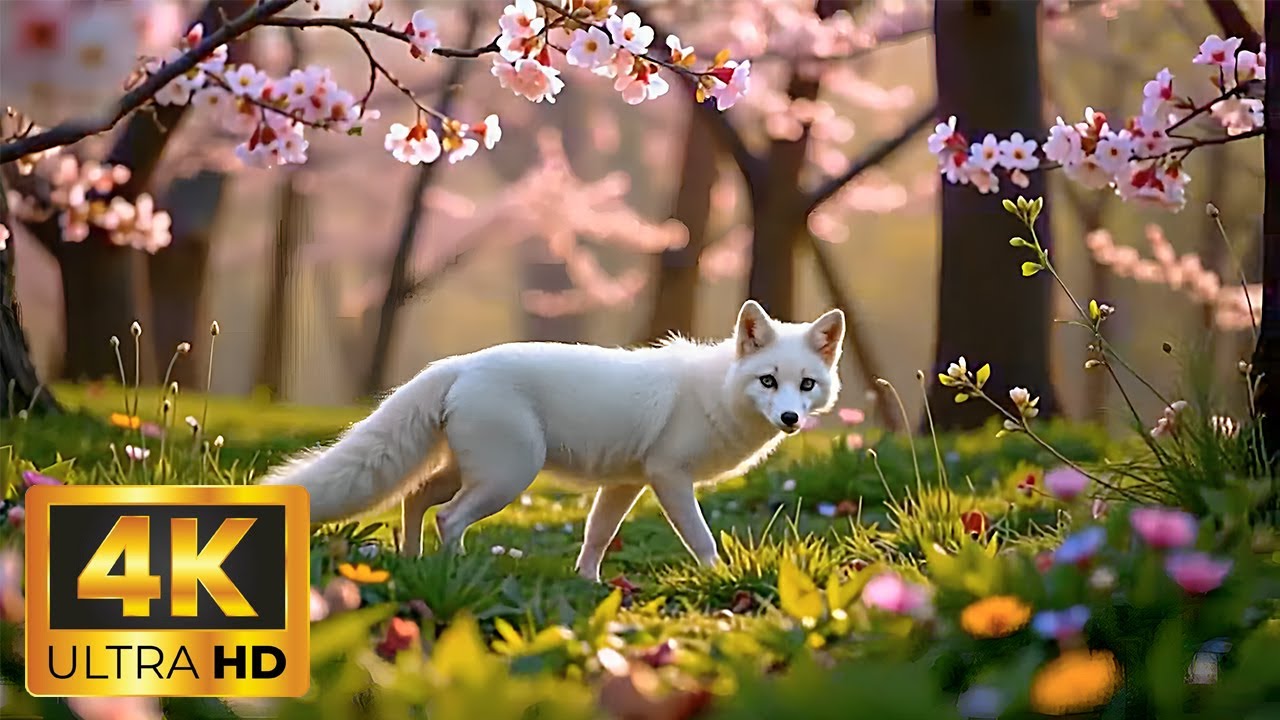4K Relaxing Display - White Fox & Sakura Flowers - Ambient Background for Study/Sleep