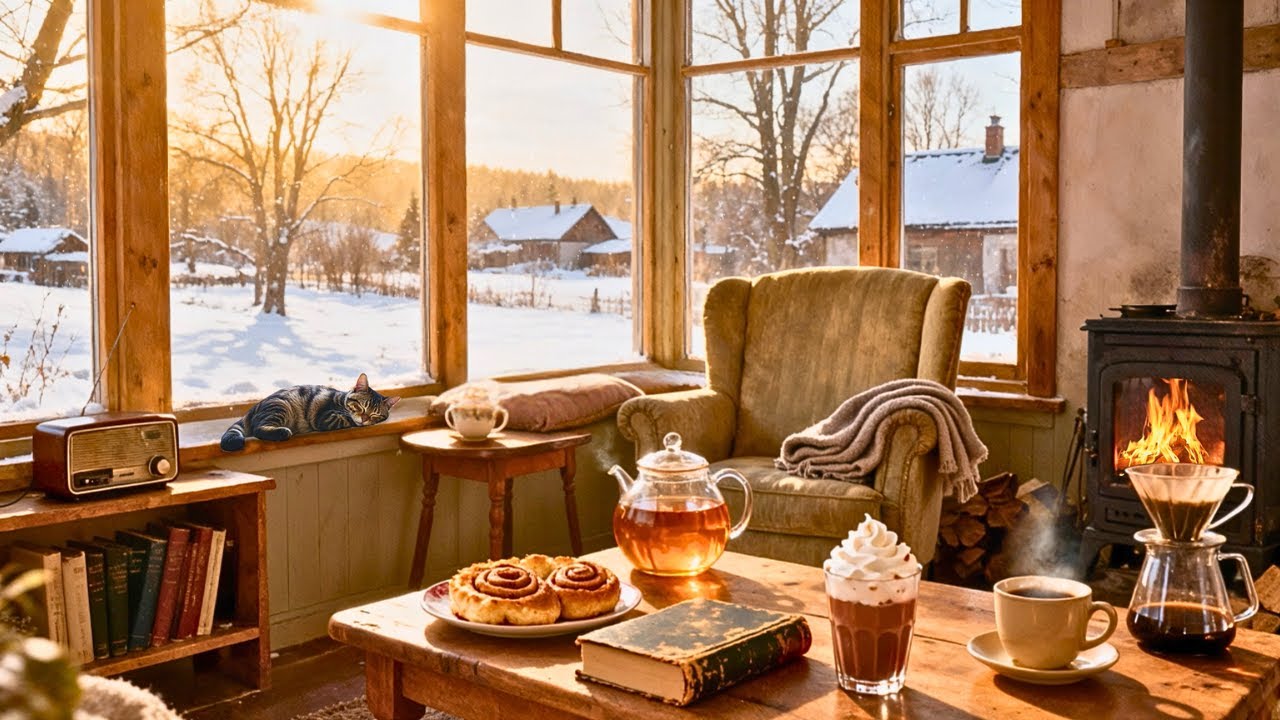 Cozy 1950s Snowy Morning ❄️ Oldies Playing in Another Room | Warm Fireplace Crackle