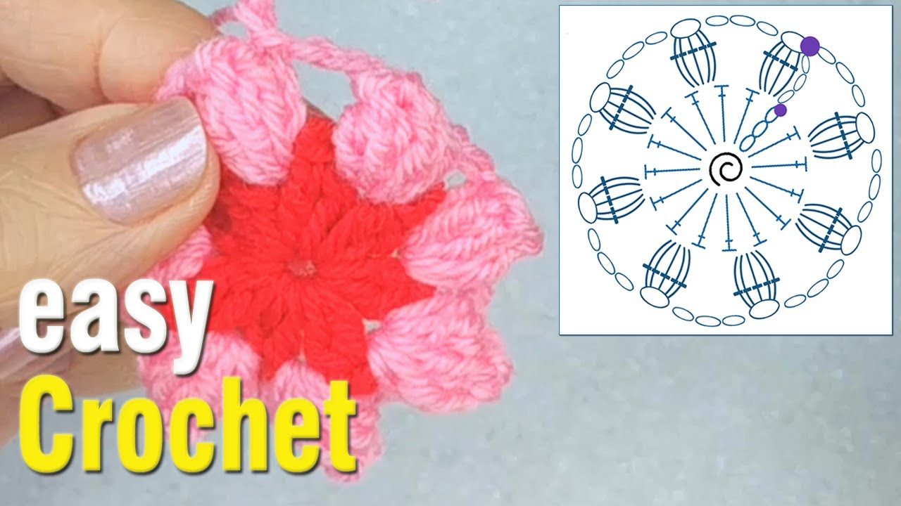 Crochet: How to Crochet Popcorn stitch flower for beginners. Free crochet flower pattern & tutorial.