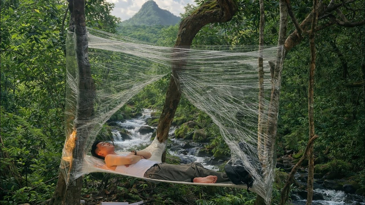 Building an Amazing Cozy Shelter in Forest With Plastic Wrap. Relaxing Camping, Survival, Bushcraft.