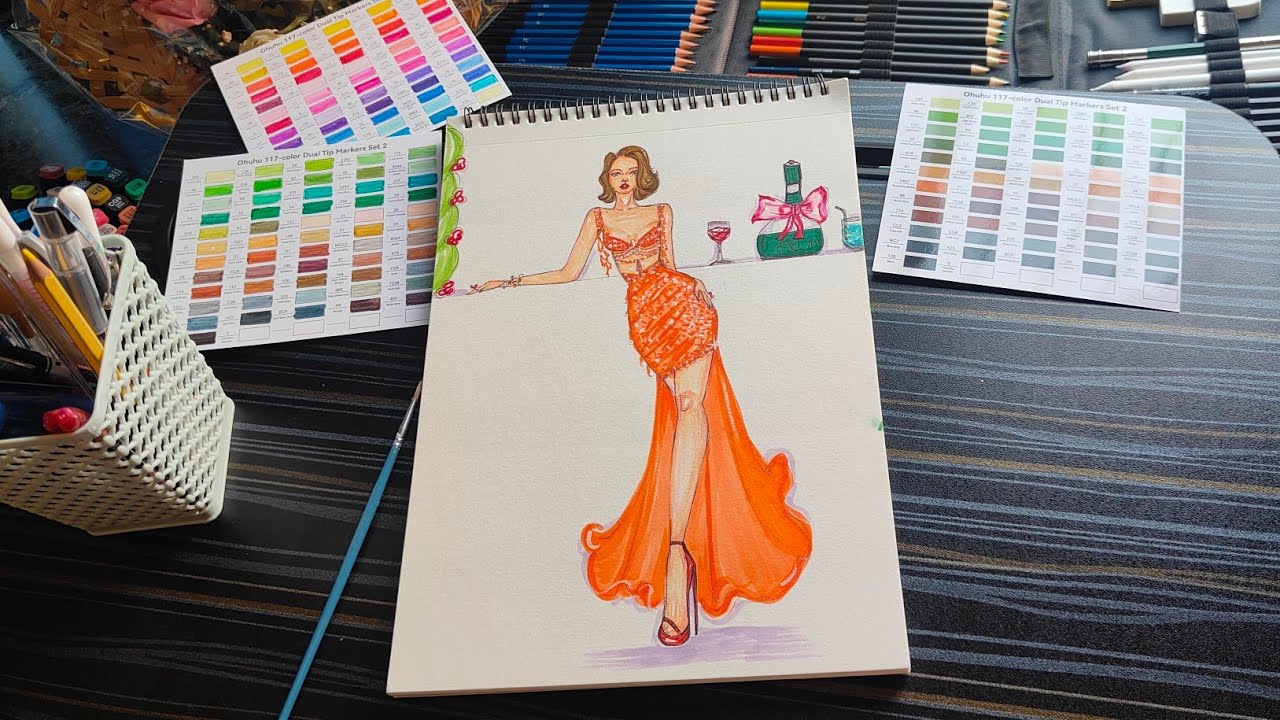 New Year 2026 Party Look ✨ | Orange Pearl Dress Fashion Illustration #fashion #art #new #yt #asmr