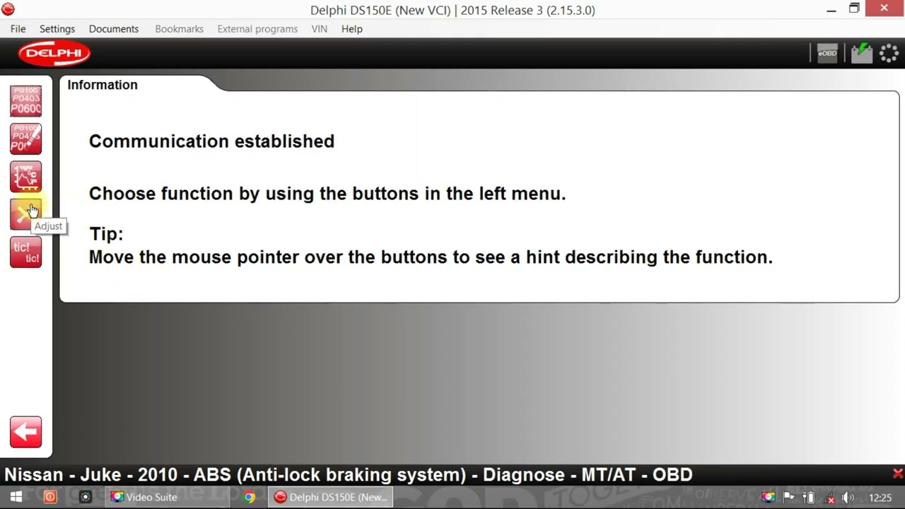 Delphi DS150 - Nissan Juke 1,6L - ABS - Initialization of the Steering Angle Sensor Menu