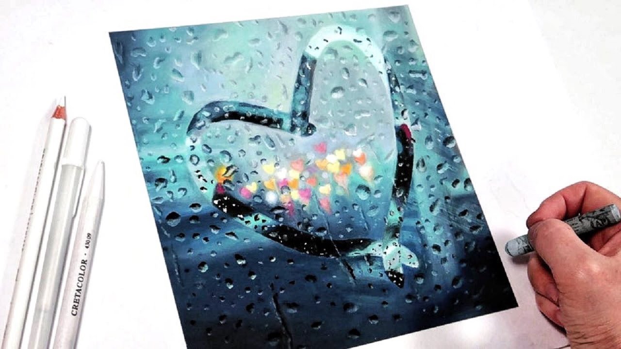 오일파스텔로 비오는 유리창에 하트 그리기, Draw a heart on a rainy window with an oil pastel