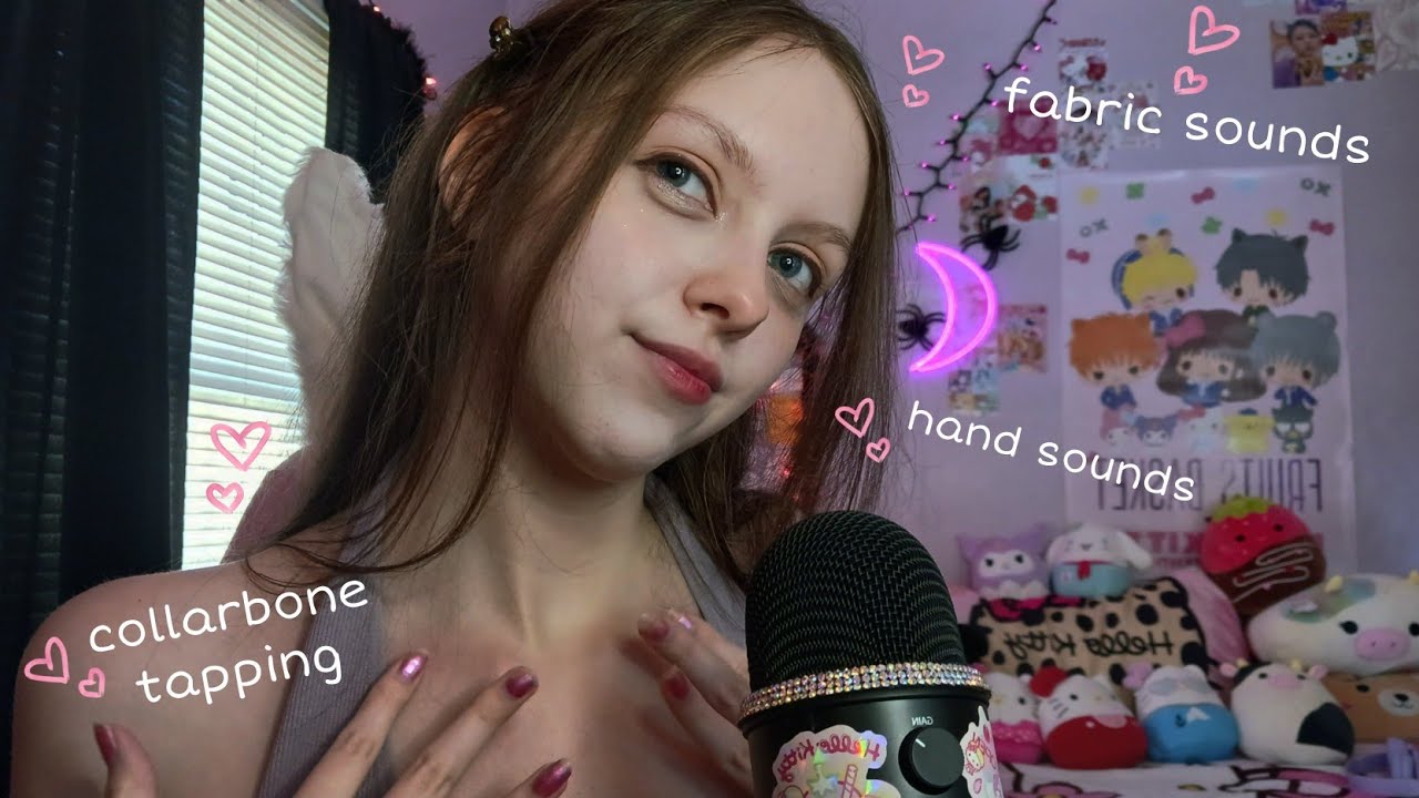ASMR body triggers 🤍☁️ (collarbone tapping, hand & fabric sounds, skin sounds + a bit of whispering)
