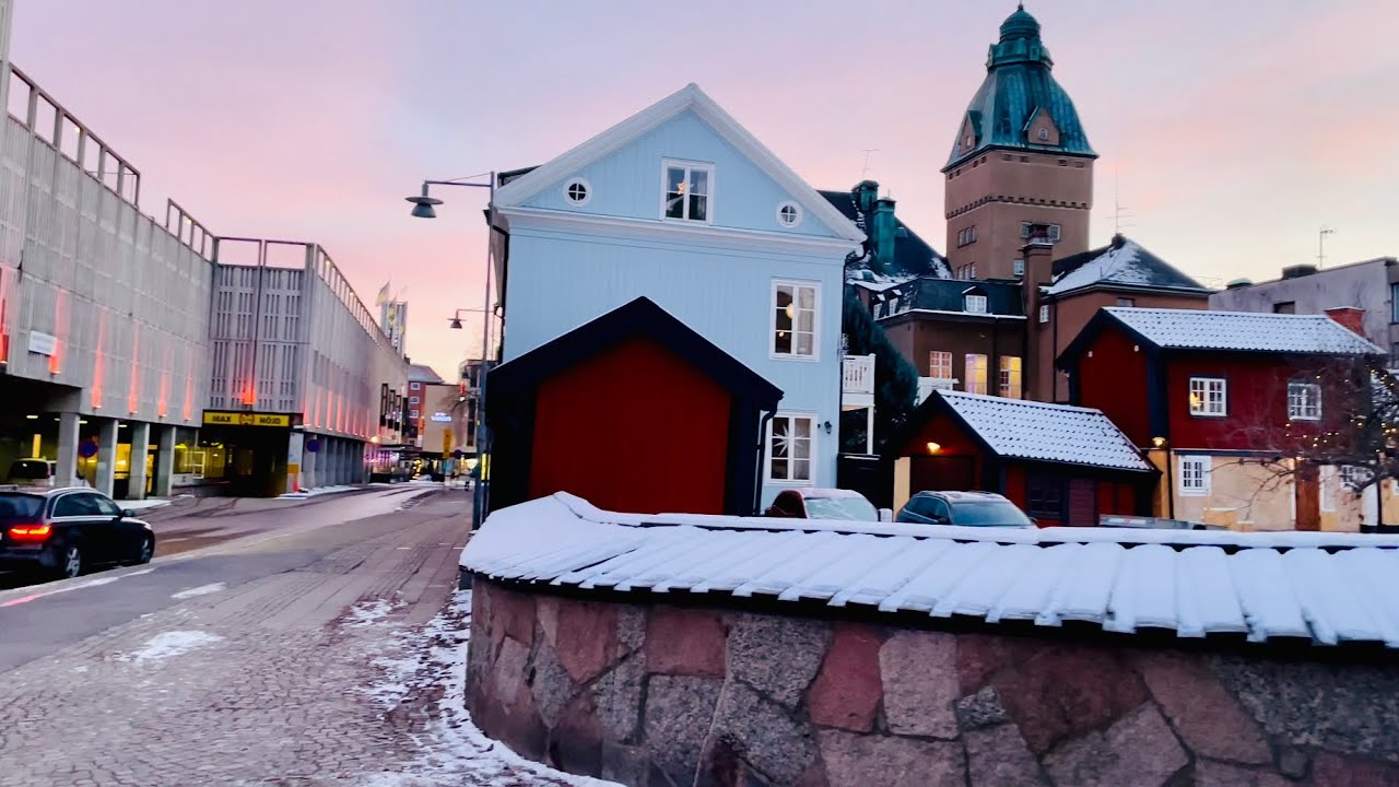 Swedish city walk: Västerås old town to central shopping streets. Sunset walk w. surrounding sounds