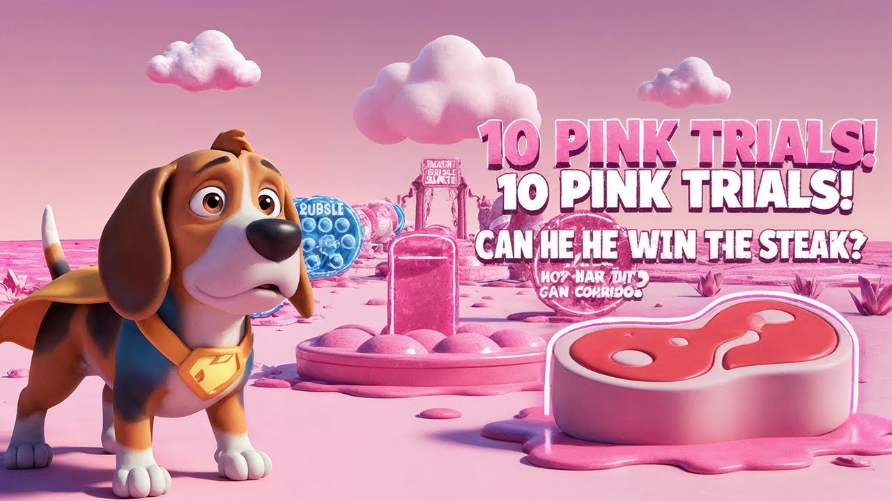 Smart Superhero Dog vs 10 Pink Bubble Island Trials! Disney-Style Pet Cartoon + Giant Steak