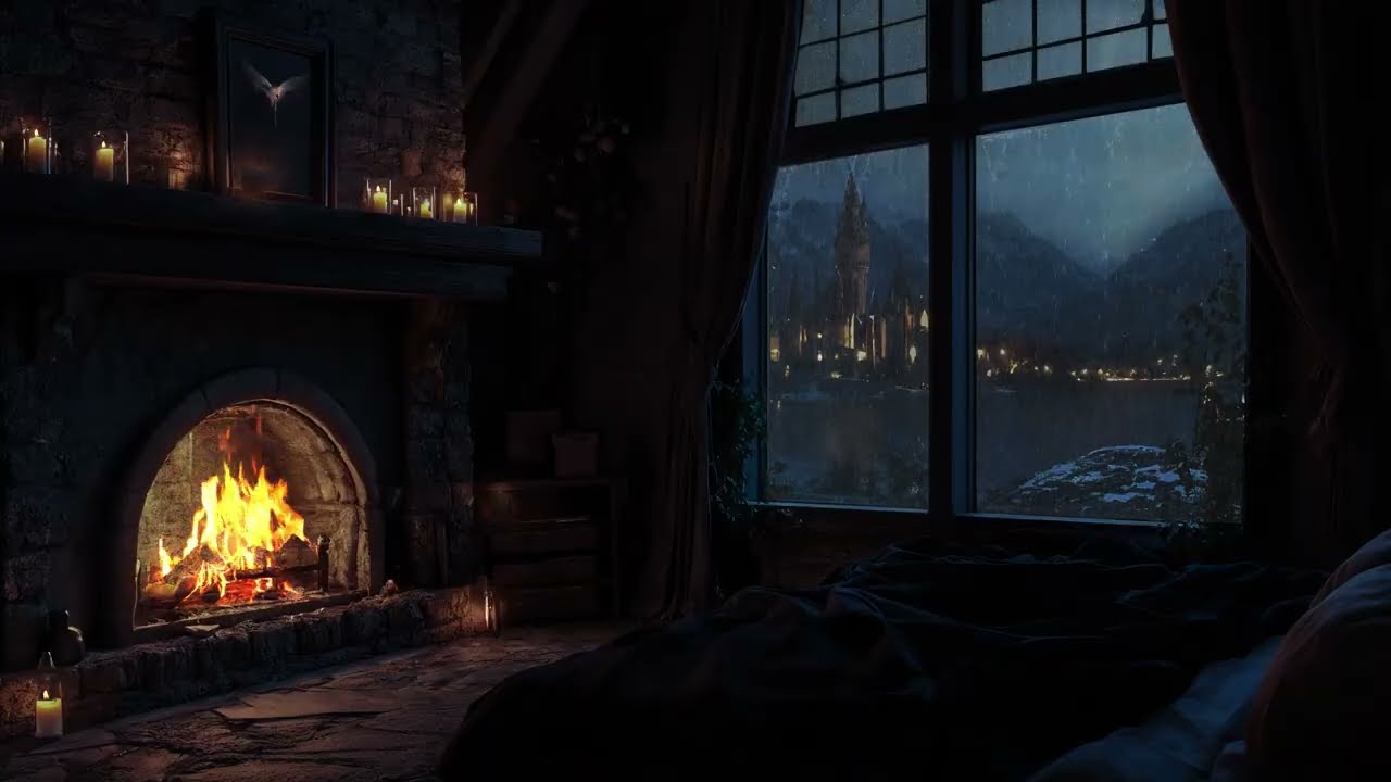 Enchanting Castle Night Rain 🔥 Warm Fireplace & Quiet City Lights for Deep Sleep & Calm