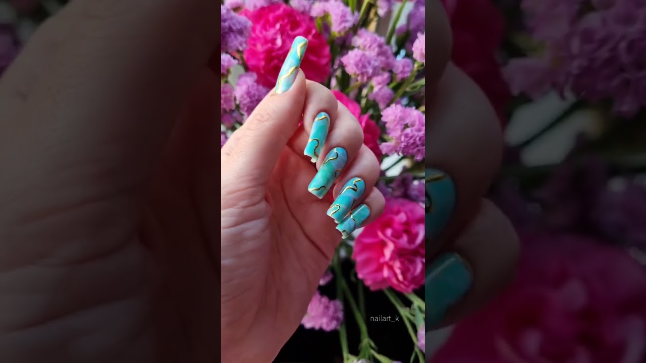Turquoise marble with gold foil ✨️ #nailart #nails #naildesign