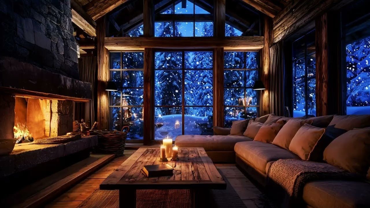 Cozy Winter Cabin Interior | Crackling Fireplace & Snowy Night Outside | Winter Ambience 4K