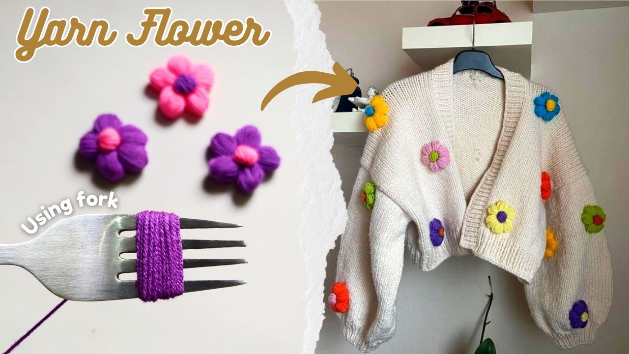 Easy Wool Flowers without crochet or knitting | Yarn Puff Flowers with fork