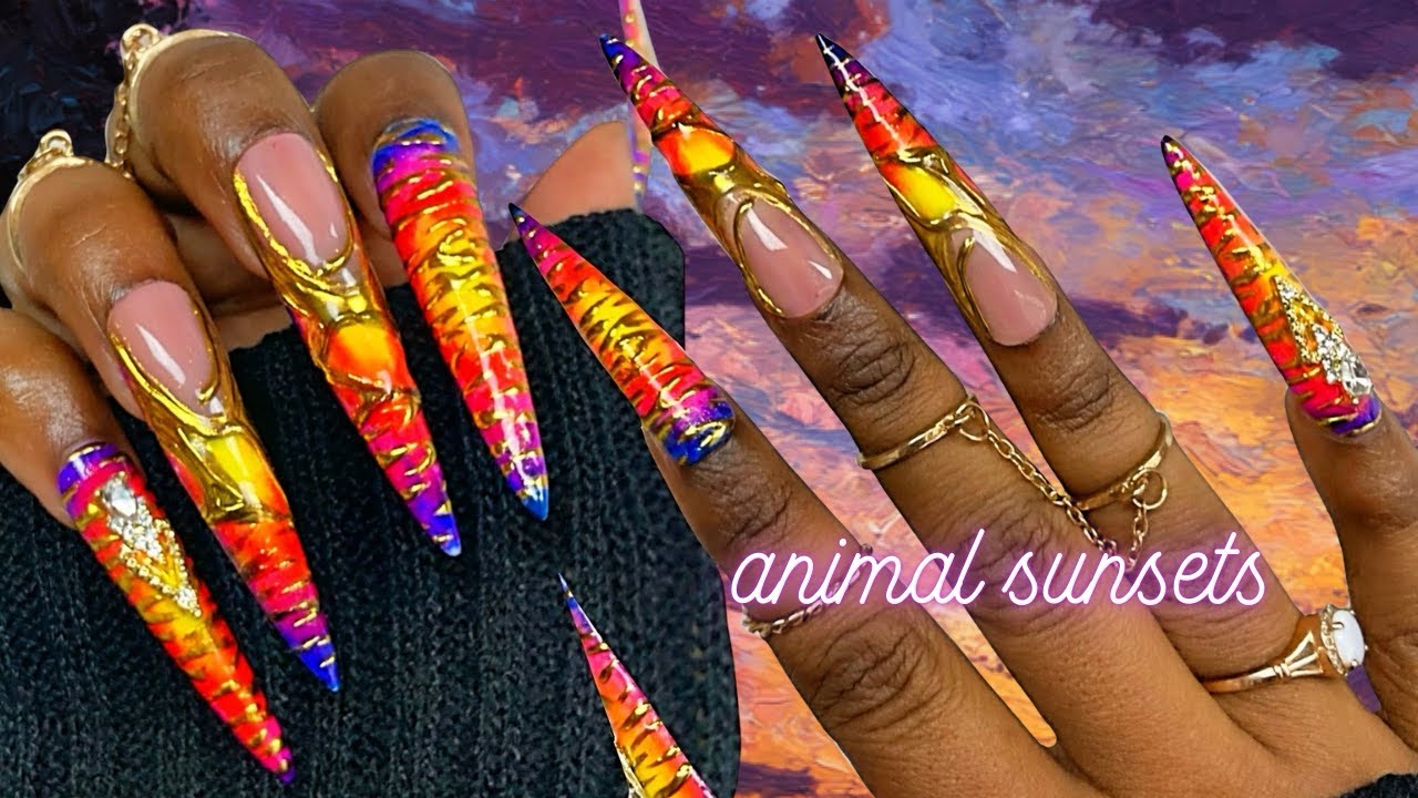 Relax and Watch me create Animal Print Isolated Chrome accented Gradient Neon Aura Stiletto Nails