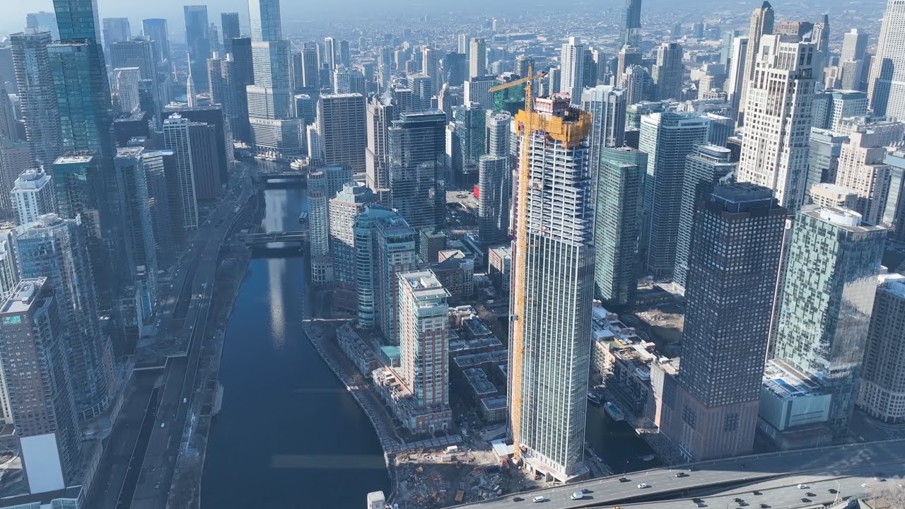 New Chicago Lakefront Skyscraper - Drone View Of 400 N Lake Shore Drive Construction Site