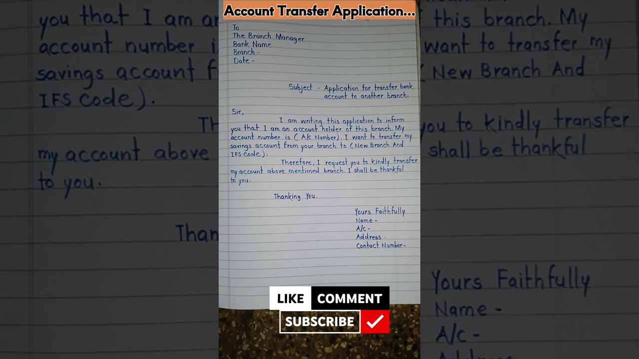 Application For Transfer Bank Account To Another Branch || , Account Transfer Application In English