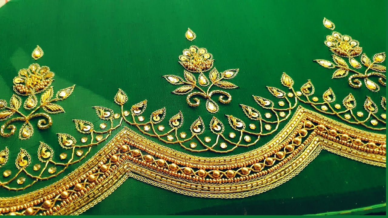 Gold Aari work For Green Blouse using Aari needle Tutorials @vaanavilworld