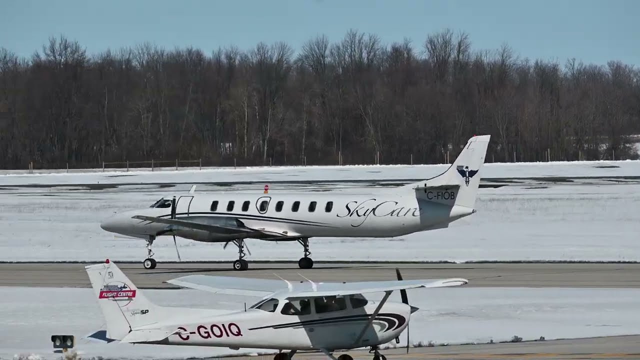 SkyCare Air Ambulance Swearingen SA227 Metroliner windy takeoff at Waterloo International YKF *4K*