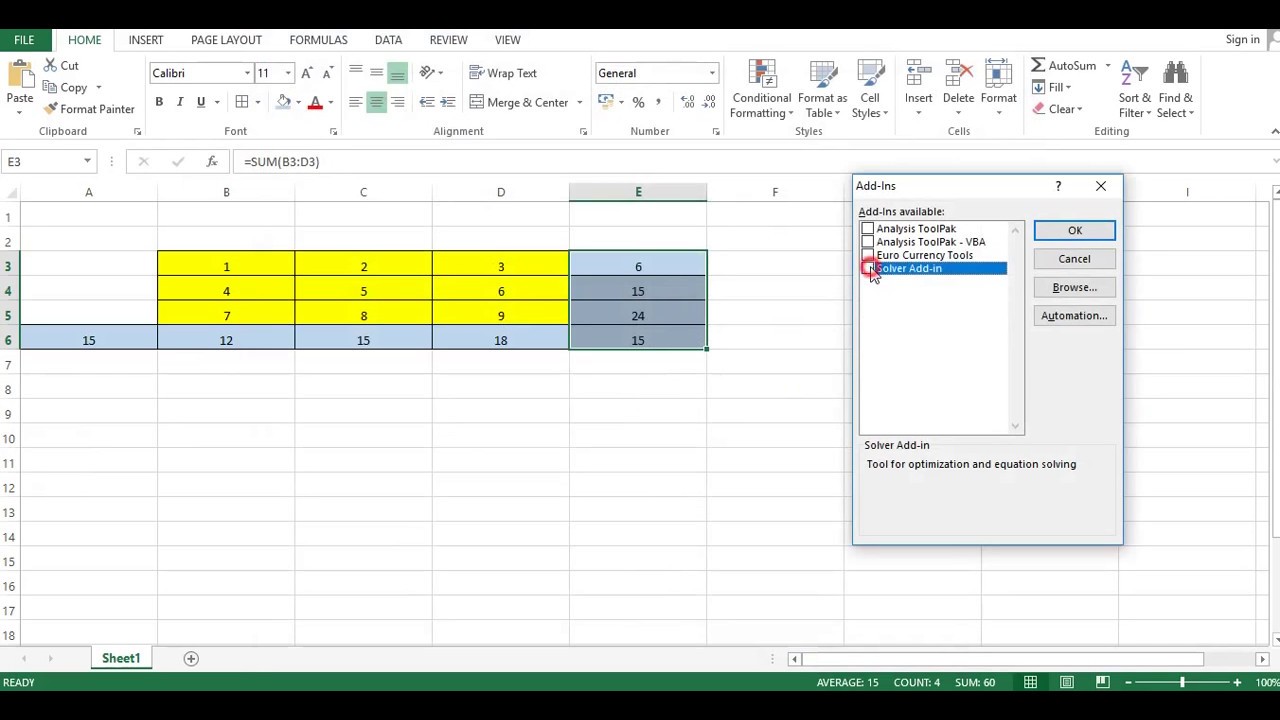 How to solve magic square 3x3 in excel using SOLVER