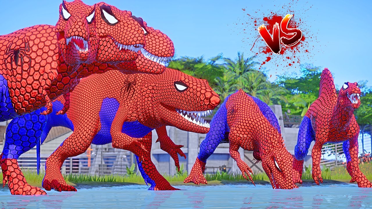 Spider-Man T-Rex, Godzilla, Indominus Rex, Shark, Indoraptor, Giganotosaurus Dinosaurs Fighting