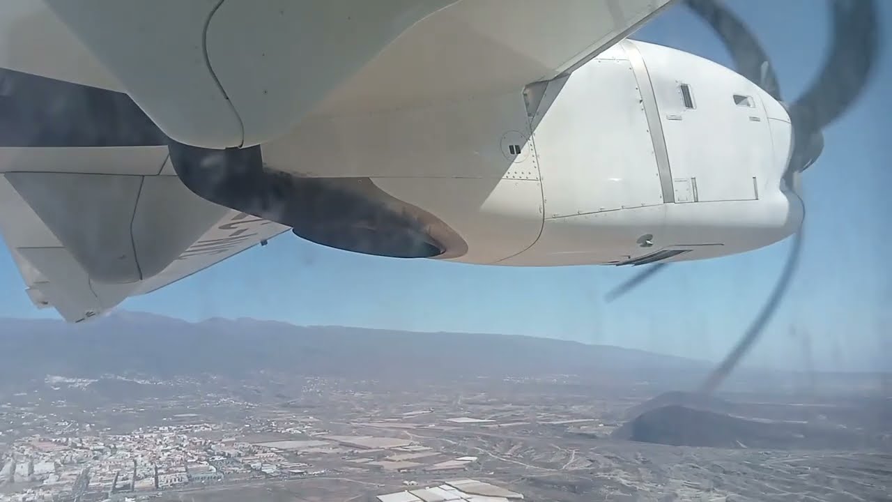 Binter ATR 72-600. Going to the plane, engine star up, taxi and take off from Tenerife South airport