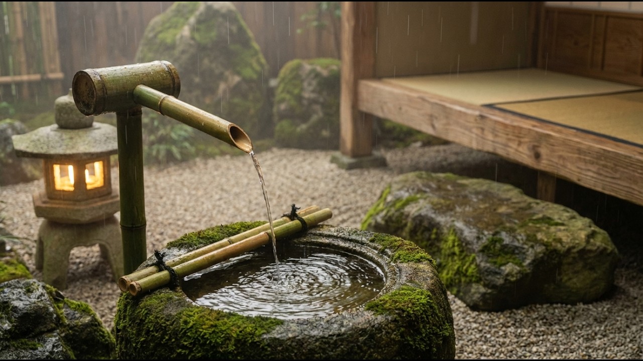 Zen Night Piano 🌙 Bamboo Fountain & Gentle Rain