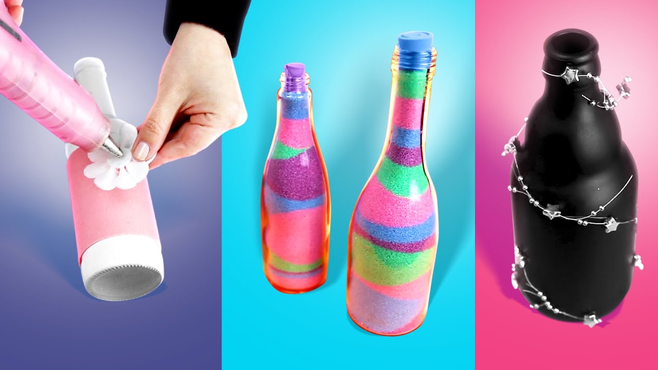 Sencilla, decorar tu botella - botella con arena de colores, botella de rosado con la flor