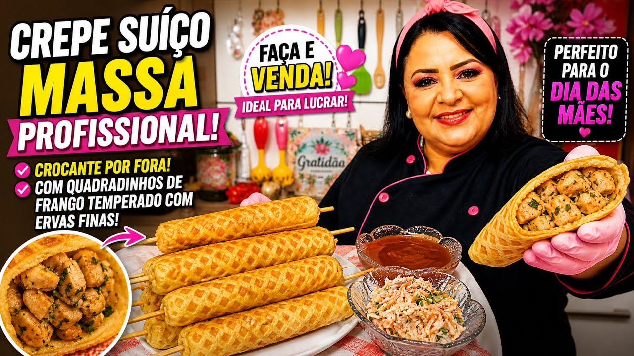 Crepe suíço massa profissional  crocante com quadradinhos de frango temperado com ervas finas