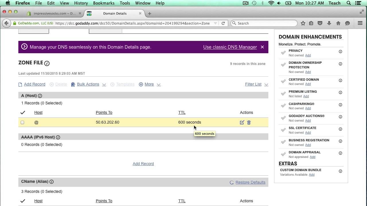 How to add A Record and CNAME DNS entries in GoDaddy domain to work with Shopify