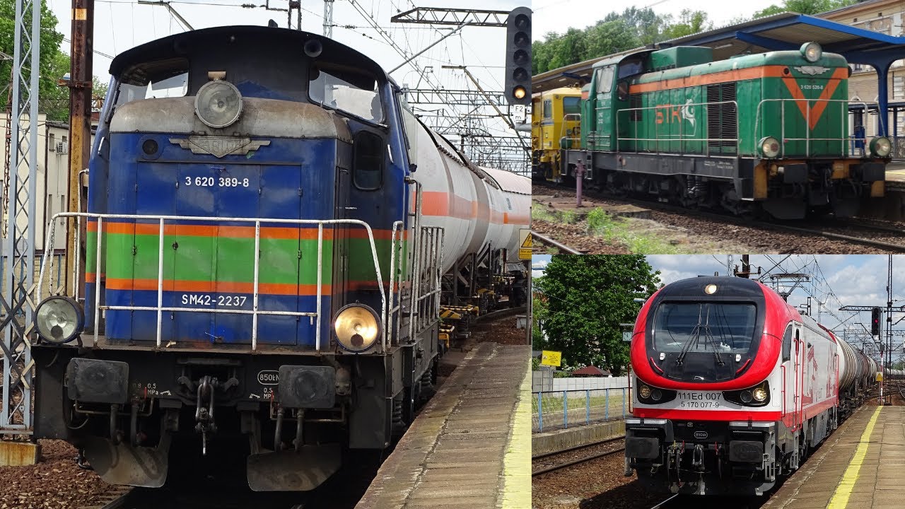 Stacja PKP Tarnowskie Góry - SM42-2237 i 111Ed-007 Lotosu, zielona SM42-2502 z roboczym i inni