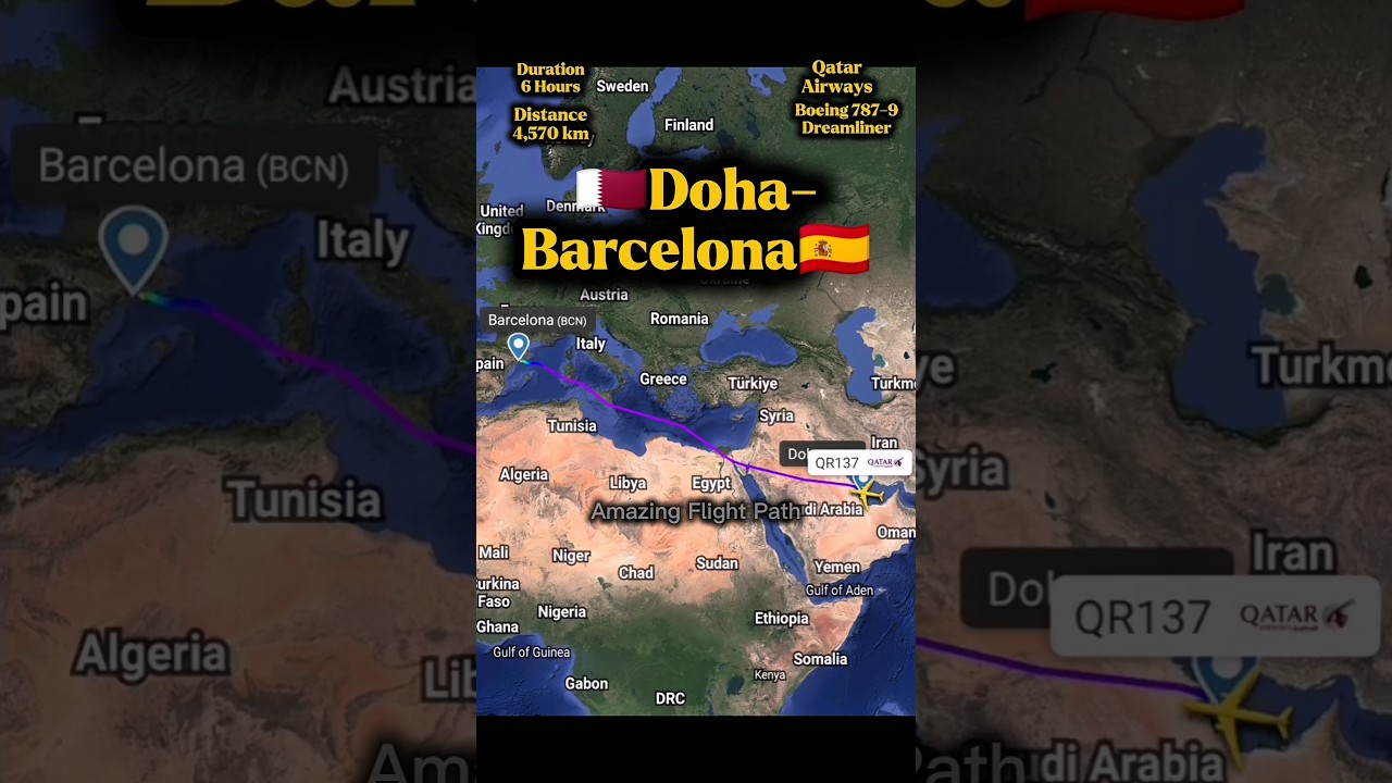 🇶🇦Doha to Barcelona🇪🇸 Flight Path | Qatar Airways Boeing 787 | Route Breakdown #flightpath #aviation