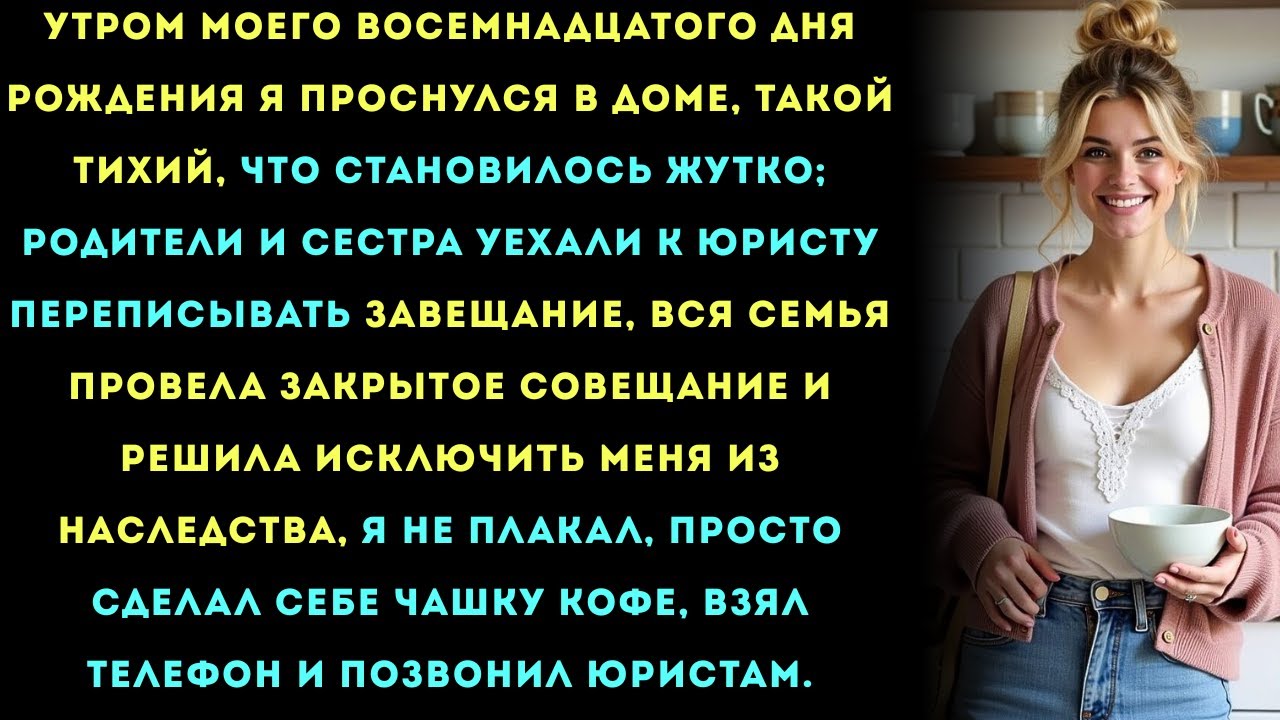 На мой восемнадцатый день рождения родители переписали завещание,поэтому я сказал своему юристу:,,,,
