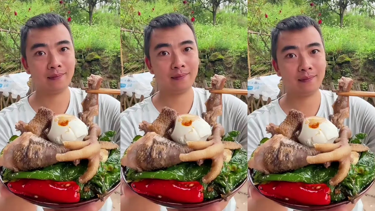 Rural Food Mukbang – Chicken with Pickled Peppers and Fried Bacon