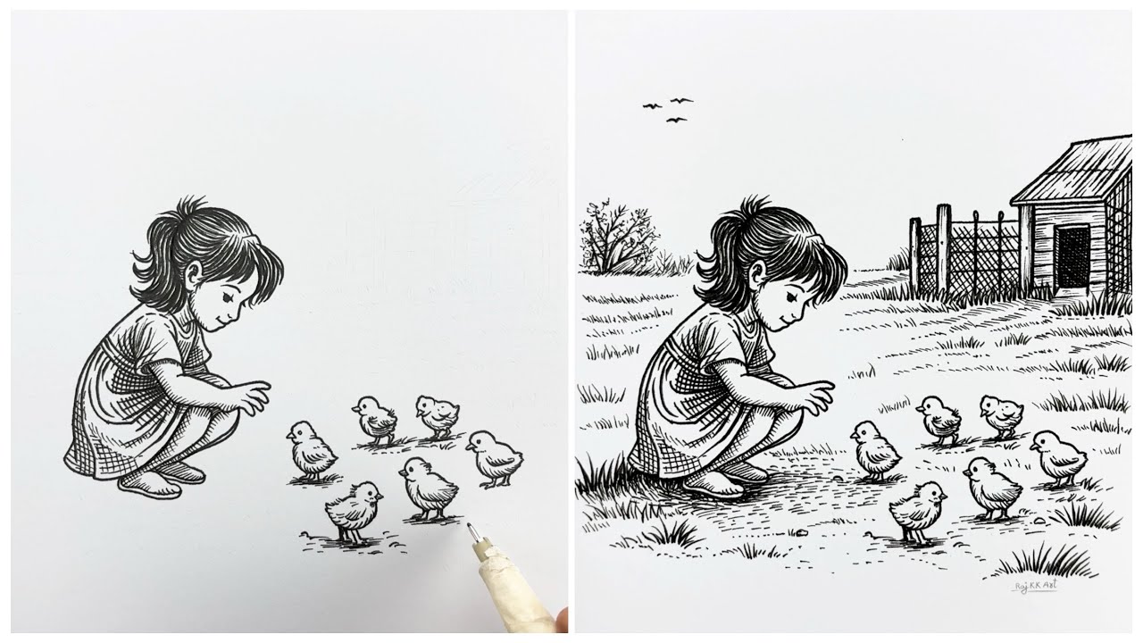 HOW TO DRAW A Little Girl Feeding Baby Chicks In A Village Yard Scene