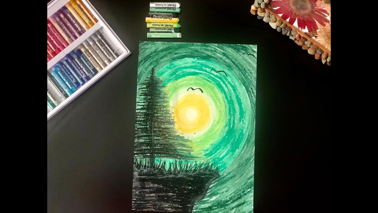 Pastel Boya ile Gökyüzü, Çam Ağacı ve Kuş Çizimi | Doğa Manzara Çizimi | Drawing Sky, Tree and Bird