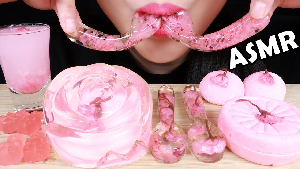 ASMR PINK FOOD EDIBLE FLOWER JELLY SPOONS, MOCHI, 桜餅 ゼリーを食べる音 젤리 먹방, JELLY MUKBANG 咀嚼音 EATING SOUNDS