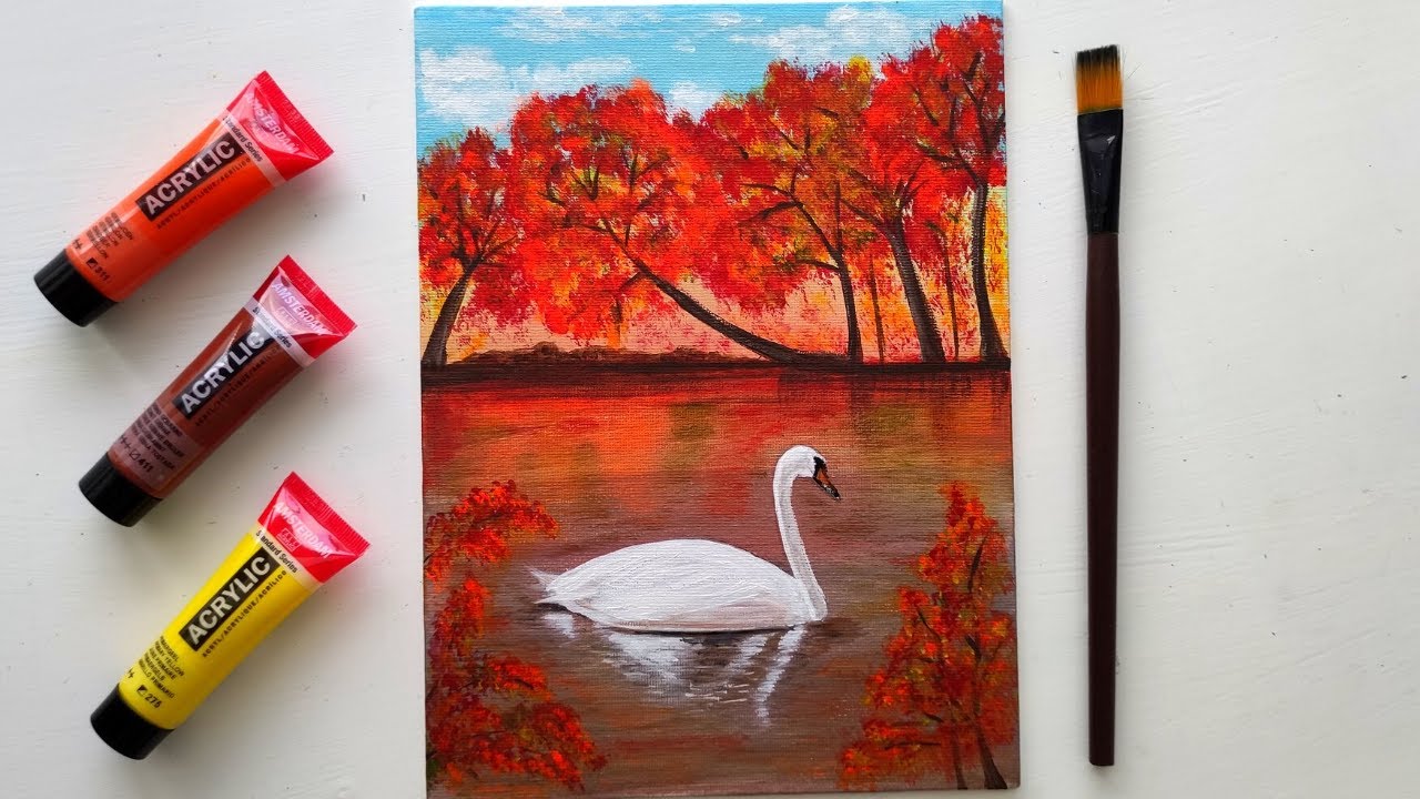 AUTUMN ACRYLIC PAINTING STEP BY STEP / FALL LANDSCAPE PAINTING / swan acrylic painting