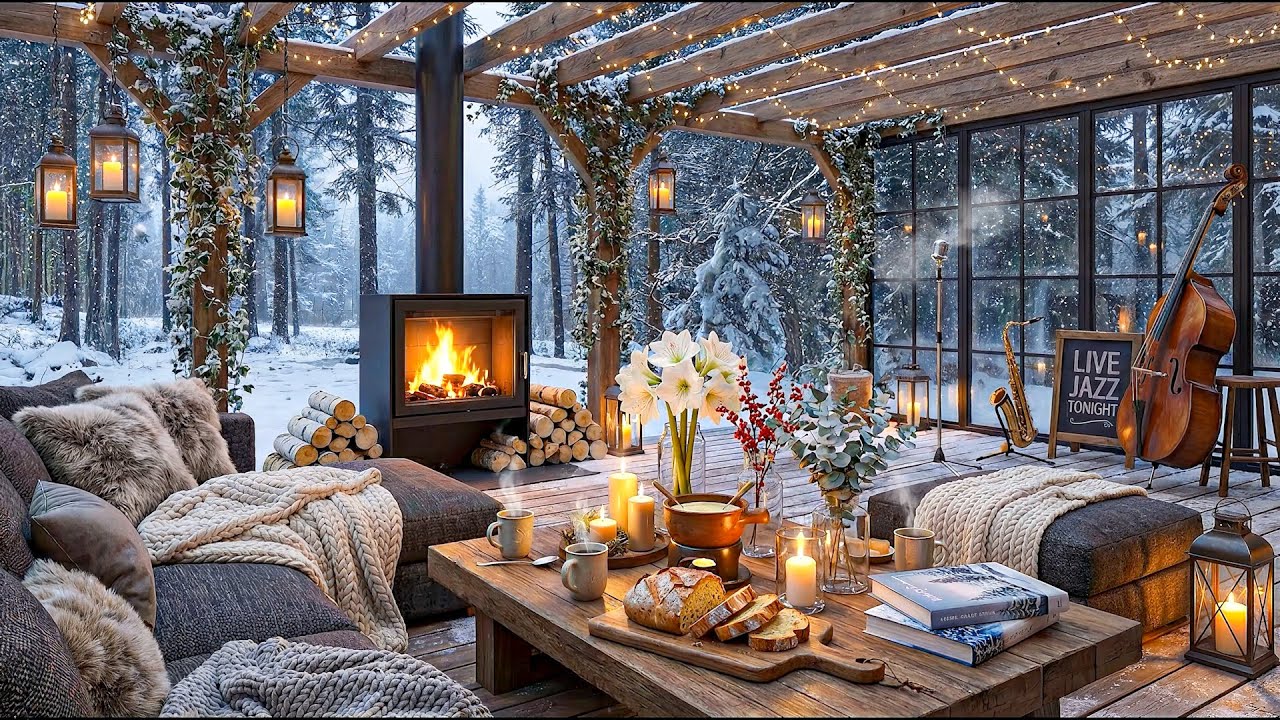 Cozy Winter Cabin Fireplace Ambience ❄️ Snowfall, Soft Jazz & Crackling Fireplace for Relax, Focus