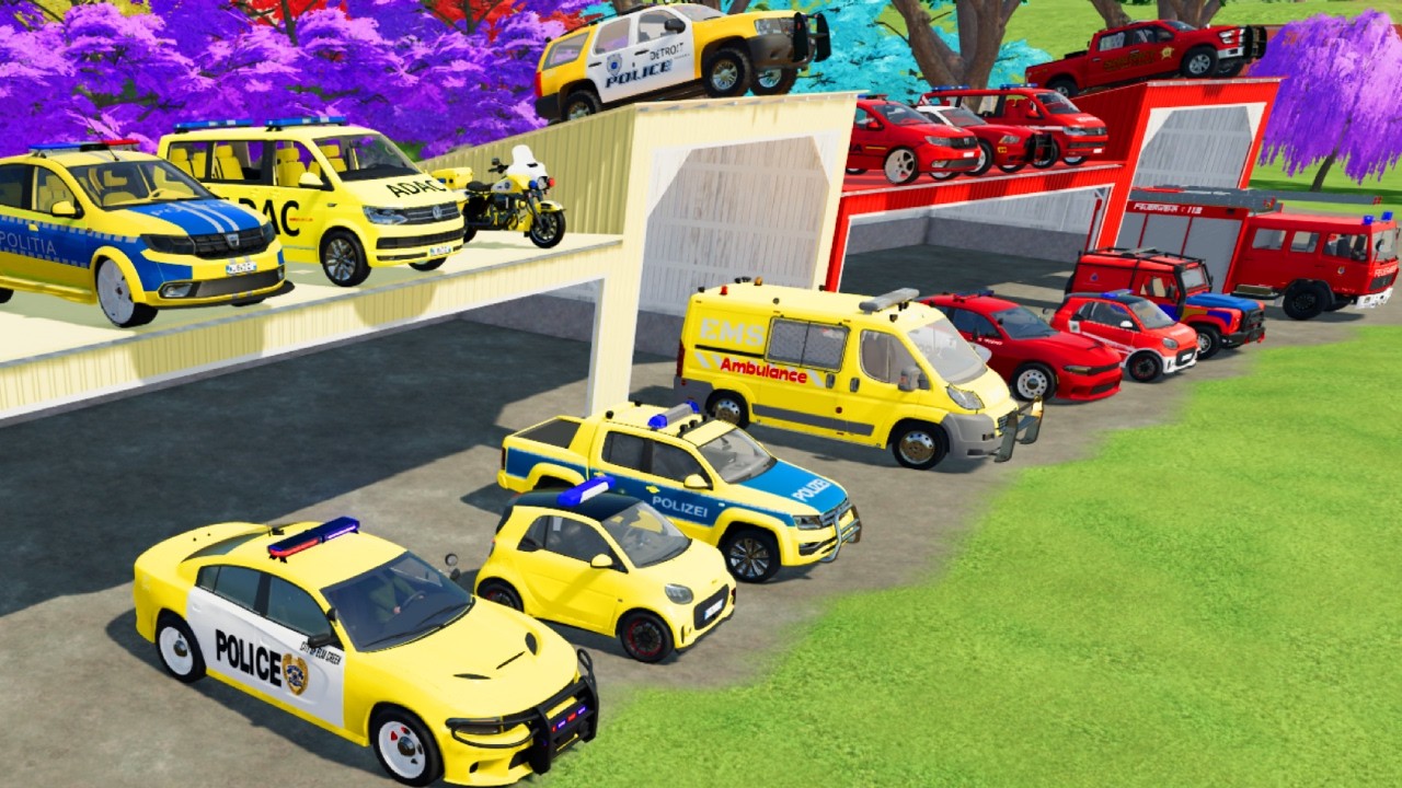 TRANSPORTING CARS, AMBULANCE, POLICE CARS, FIRE TRUCK OF COLORS! WITH TRUCKS! - FS 22