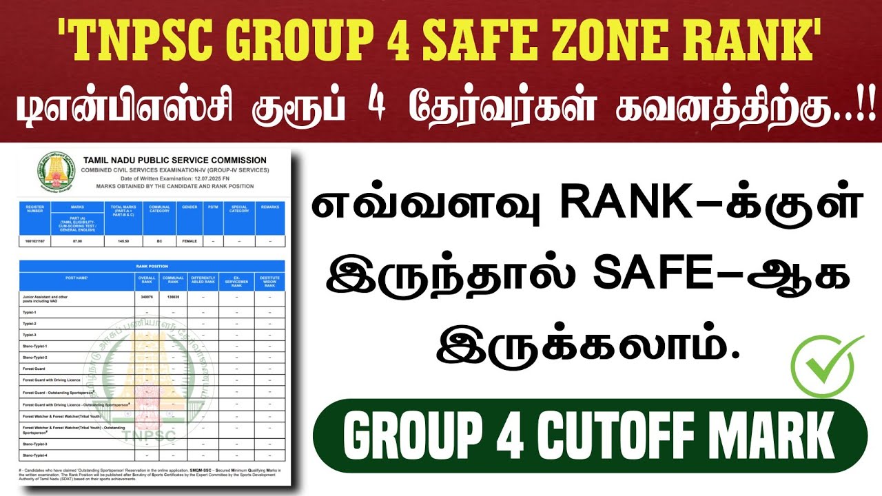 🔴🔴 TNPSC Group 4 Result Expect Cutoff Mark 💯 | Real Safe Zone | Group 4 Result - 2025..!!