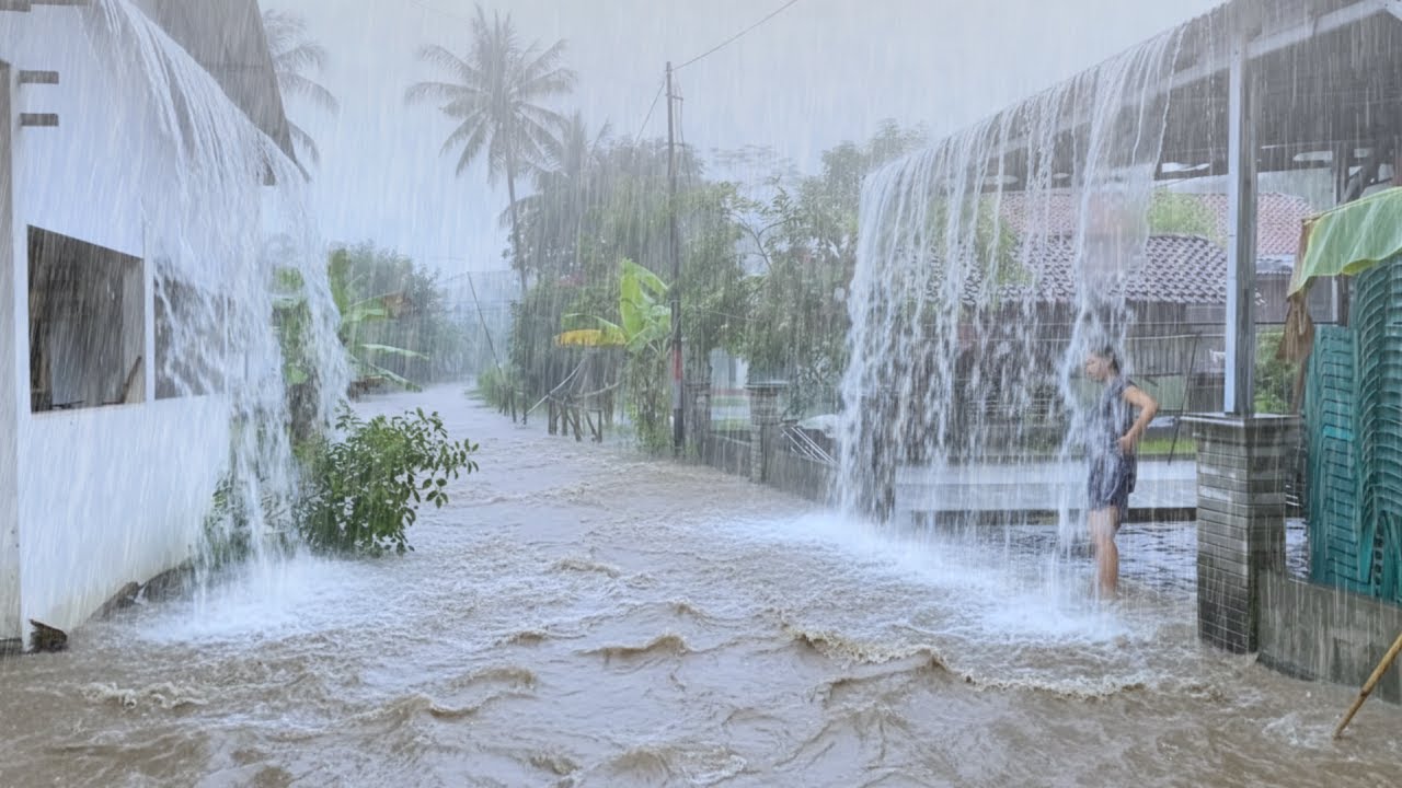 Walking Through a Powerful Wind and Rain Storm in Quiet Village | Pouring Rain