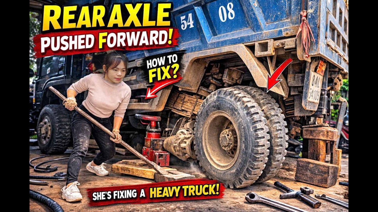 With the rear axle pushed forward, the female mechanic operates and repairs the heavy truck