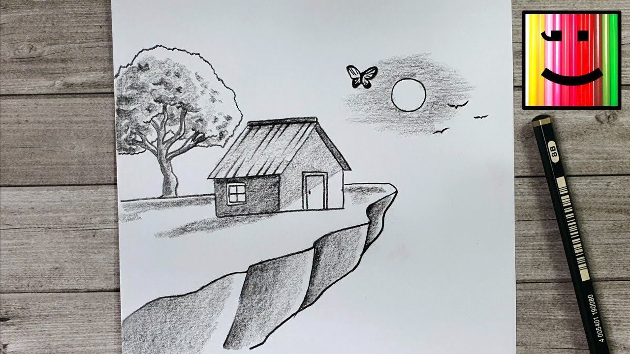 Comment dessiner une maison - Tutoriel de dessin d'un paysage au crayon de papier pour débutants