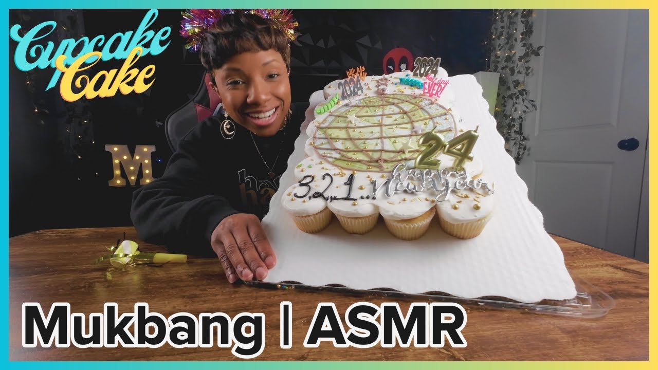 ASMR | Mukbang New Years Cupcake Cake | Assorted Chocolate and Vanilla Cupcakes | Whispers