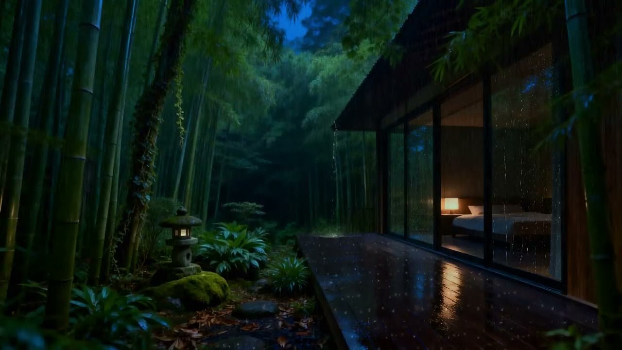 Sleep in a Bamboo Forest Cabin 🌧️ Heavy Night Rain | Cozy Raining Room
