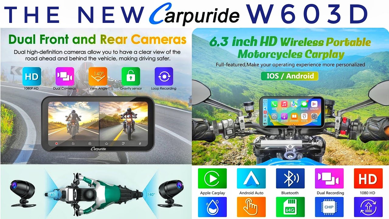 CARPURIDE W603D Wireless Portable Motorcycle Stereo with HD 1080P Dual Cameras - Install and Review