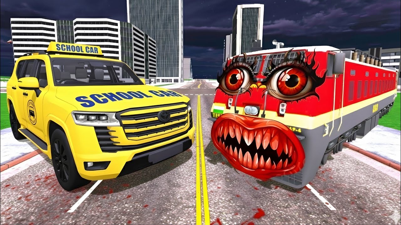 Land Cruiser School Car Vs Train in Indian Bikes Driving 3d