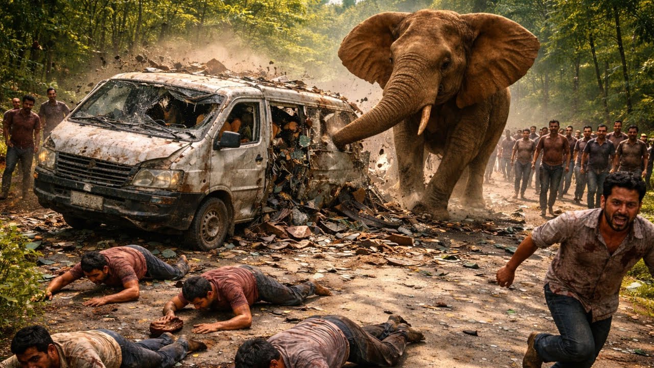 “Terrifying Moment: Wild Elephant Smashes Van as People Run for Their Lives!”#ElephantAttack 