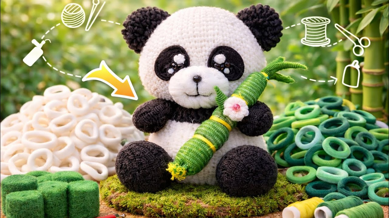 DIY Panda 🐼| panda plushy with hair rubber bands | How to make pom pom panda bear 